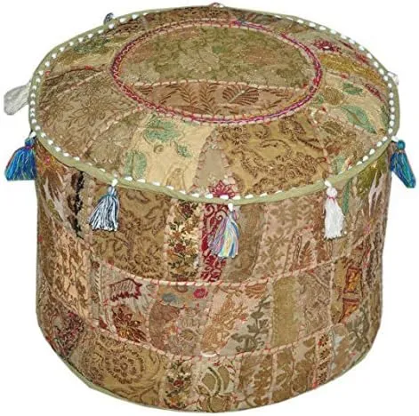 The Harry Creations Decorative Patchwork Comfortable Indian Ottoman Ethnic Cotton Cushion Bean Bag Designs Floor Embroidered Pouf Cover (Beige, 14"x22")