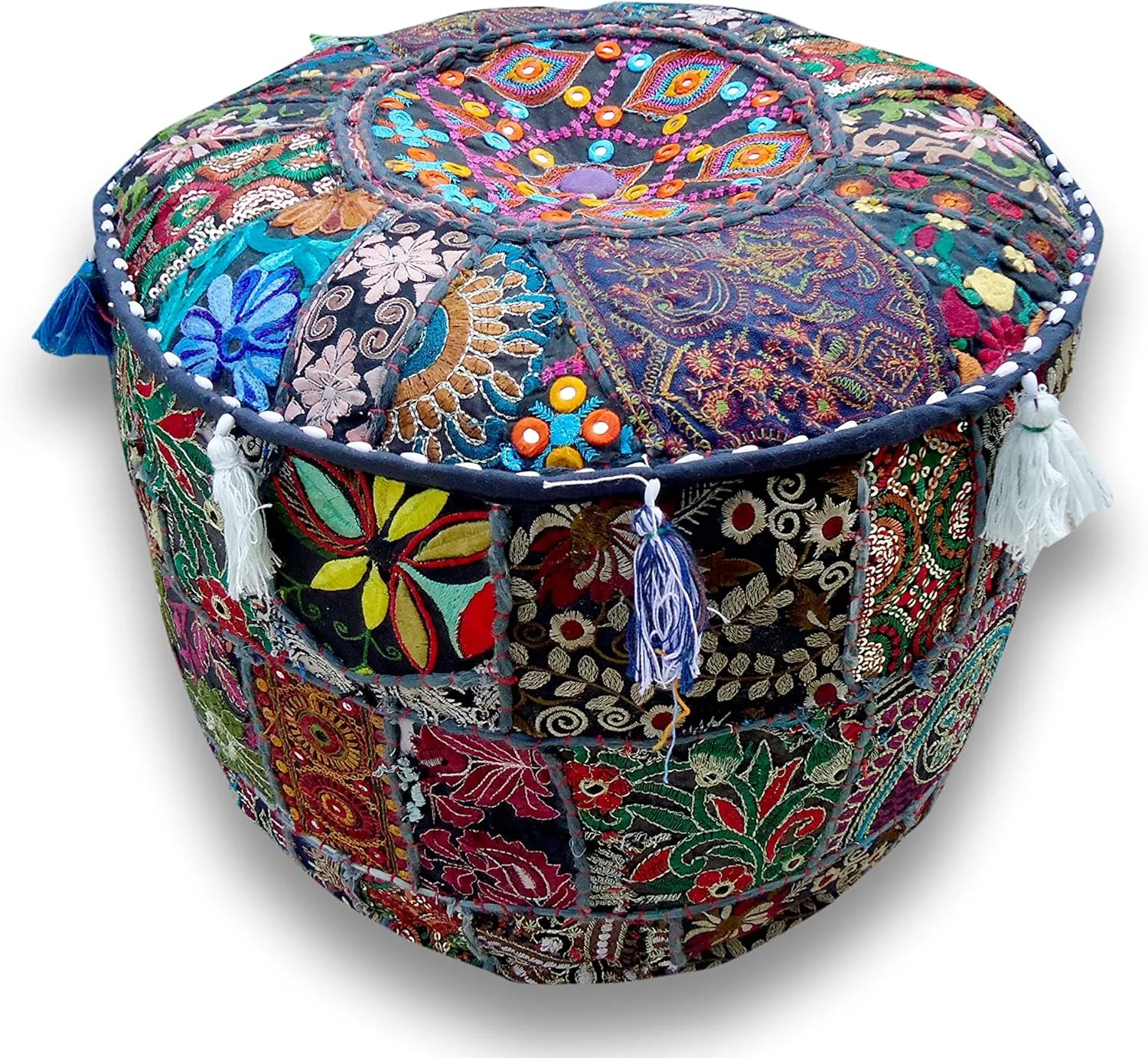 The Harry Creations Decorative Patchwork Comfortable Indian Ottoman Ethnic Cotton Cushion Bean Bag Designs Floor Embroidered Pouf Cover (Blue, 18"x13")