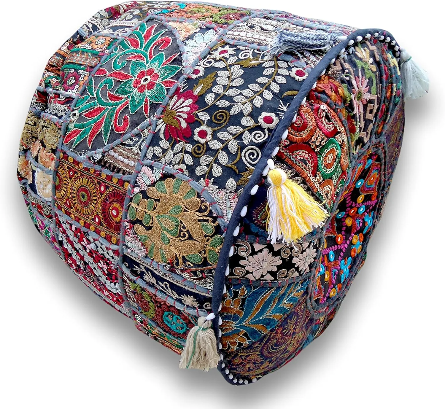 The Harry Creations Decorative Patchwork Comfortable Indian Ottoman Ethnic Cotton Cushion Bean Bag Designs Floor Embroidered Pouf Cover (Blue, 18"x13")