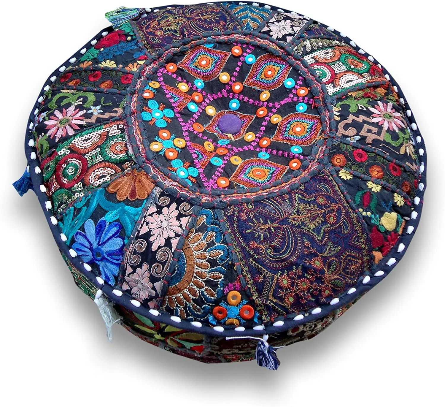 The Harry Creations Decorative Patchwork Comfortable Indian Ottoman Ethnic Cotton Cushion Bean Bag Designs Floor Embroidered Pouf Cover (Blue, 18"x13")