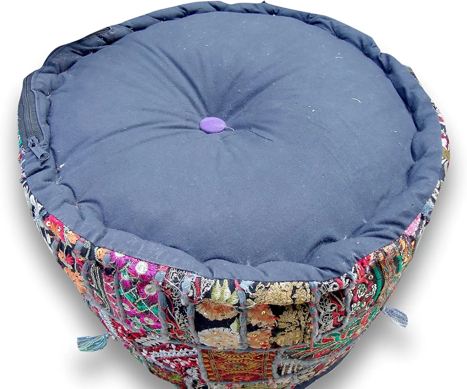 The Harry Creations Decorative Patchwork Comfortable Indian Ottoman Ethnic Cotton Cushion Bean Bag Designs Floor Embroidered Pouf Cover (Blue, 18"x13")