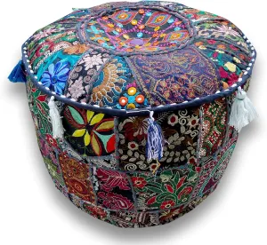 The Harry Creations Decorative Patchwork Comfortable Indian Ottoman Ethnic Cotton Cushion Bean Bag Designs Floor Embroidered Pouf Cover (Blue, 18"x13")