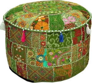 The Harry Creations Decorative Patchwork Comfortable Indian Ottoman Ethnic Cotton Cushion Designs Floor Embroidered Pouf Cover (Emerald, 18"x13")
