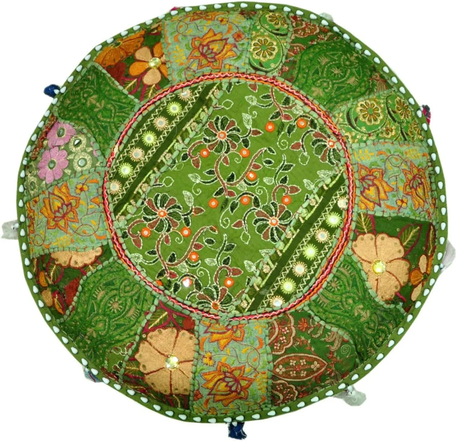 The Harry Creations Decorative Patchwork Comfortable Indian Ottoman Ethnic Cotton Cushion Designs Floor Embroidered Pouf Cover (Emerald, 18"x13")