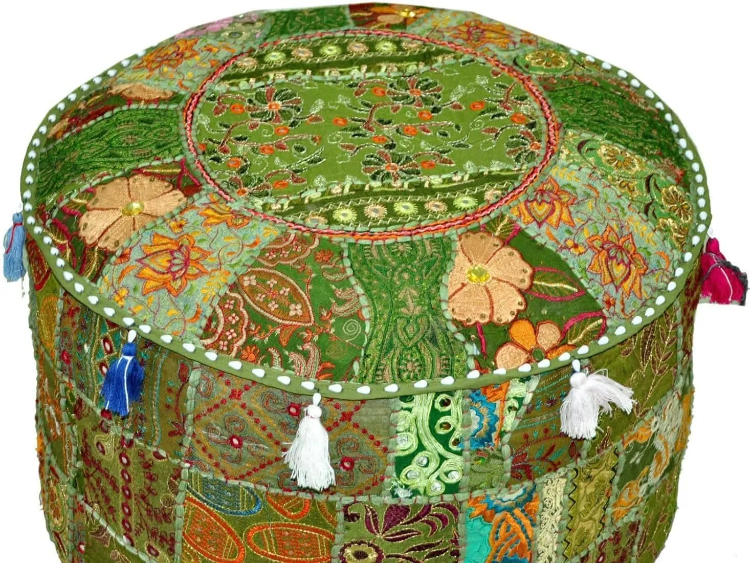 The Harry Creations Decorative Patchwork Comfortable Indian Ottoman Ethnic Cotton Cushion Designs Floor Embroidered Pouf Cover (Emerald, 18"x13")