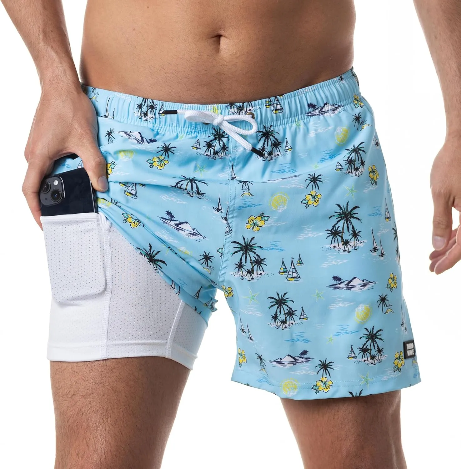 Third Wave Swim Trunks with Compression Liner - Men's Premium 5 Inch Inseam Quick Dry Swim Shorts for Beach and Swimming