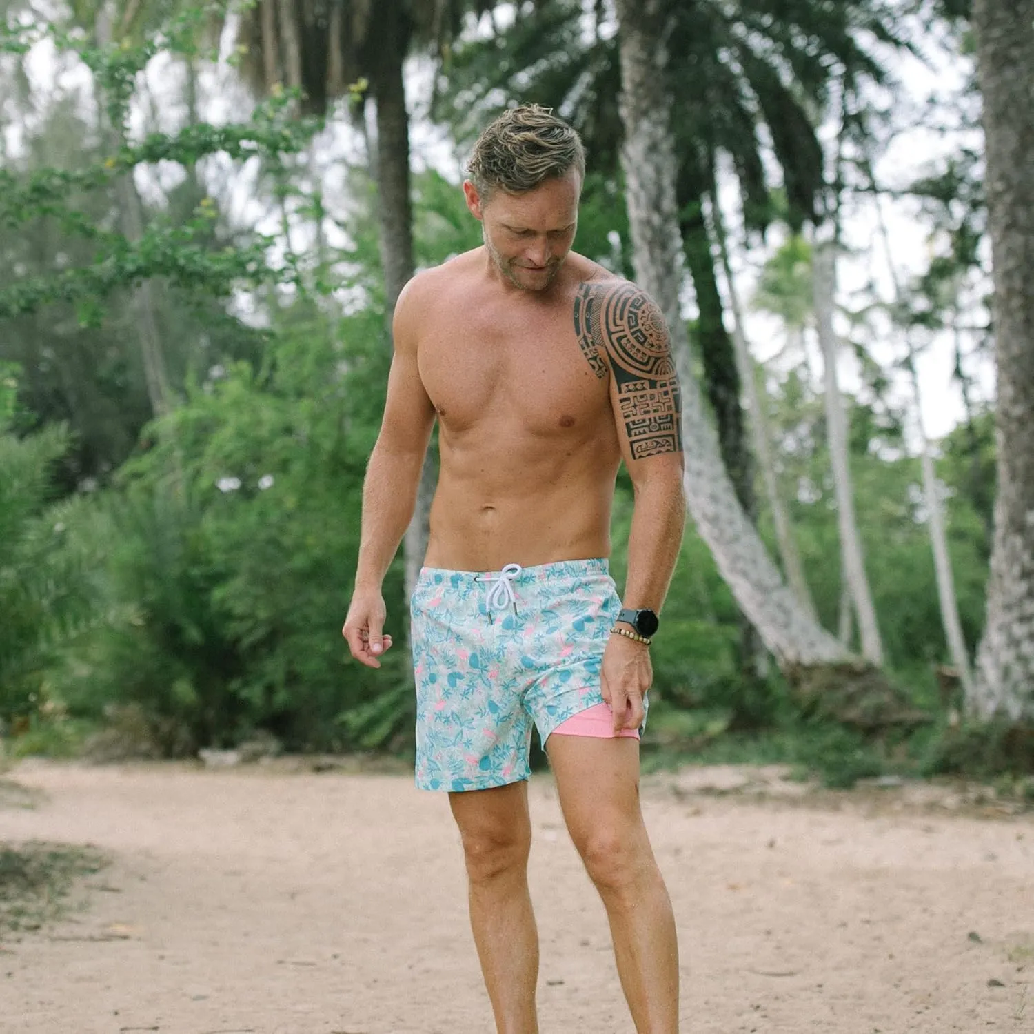 Third Wave Swim Trunks with Compression Liner - Men's Premium 5 Inch Inseam Quick Dry Swim Shorts for Beach and Swimming