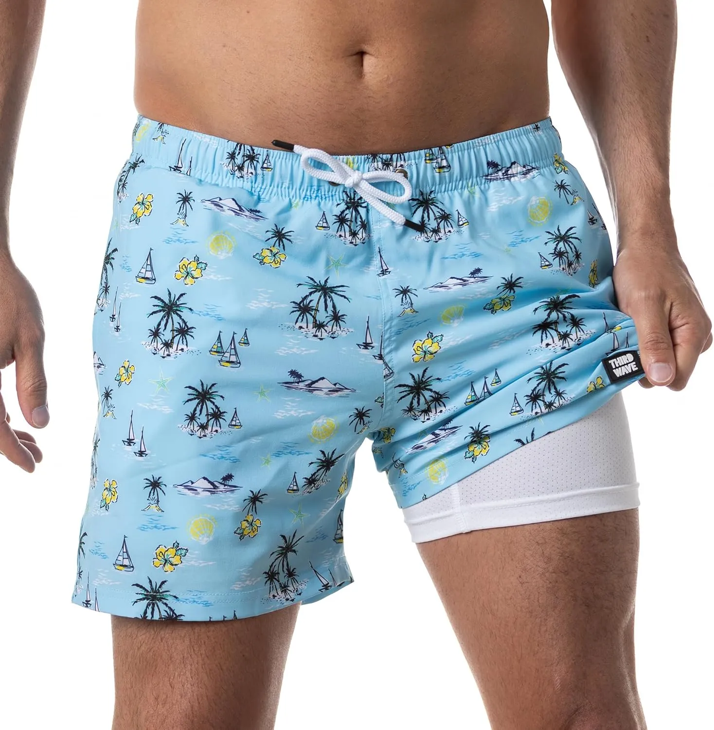 Third Wave Swim Trunks with Compression Liner - Men's Premium 5 Inch Inseam Quick Dry Swim Shorts for Beach and Swimming