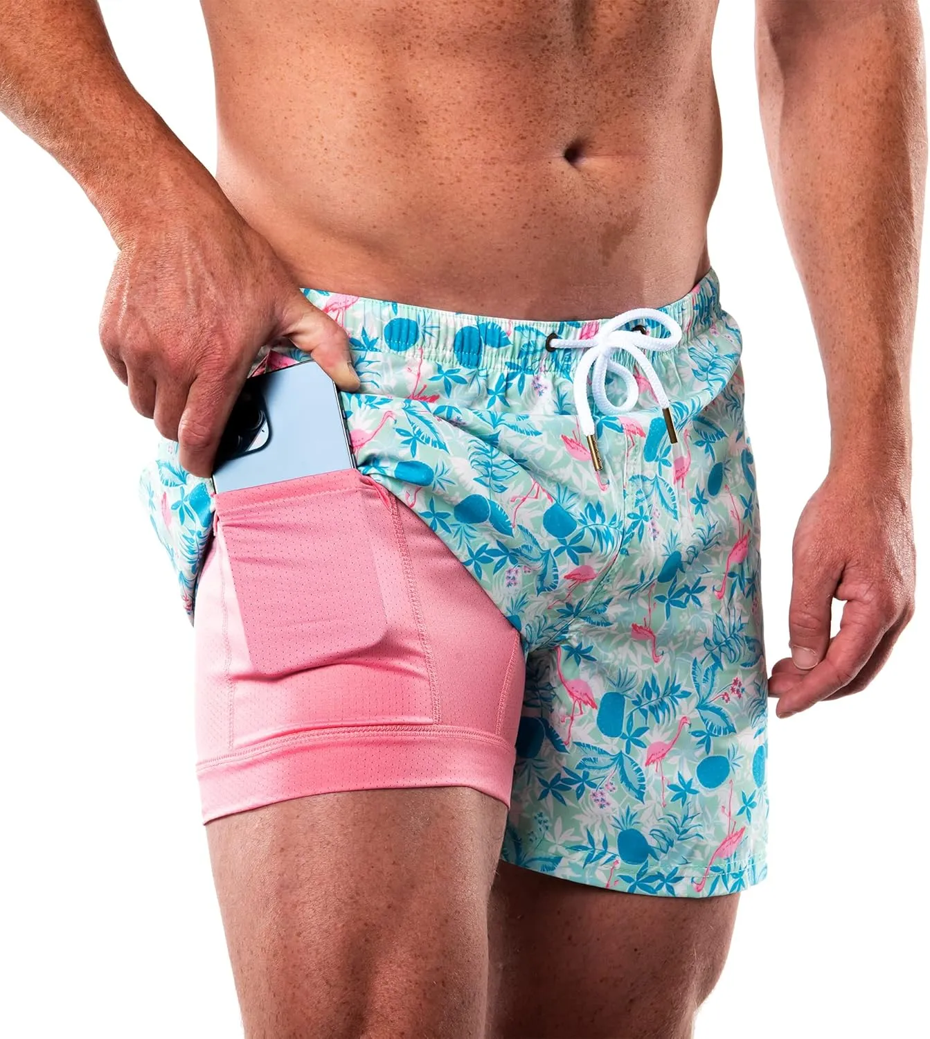 Third Wave Swim Trunks with Compression Liner - Men's Premium 5 Inch Inseam Quick Dry Swim Shorts for Beach and Swimming