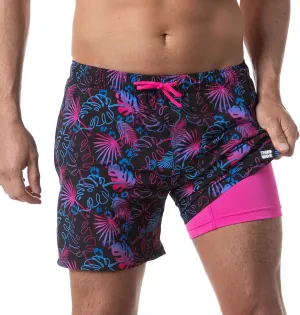Third Wave Swim Trunks with Compression Liner - Men's Premium 5 Inch Inseam Quick Dry Swim Shorts for Beach and Swimming