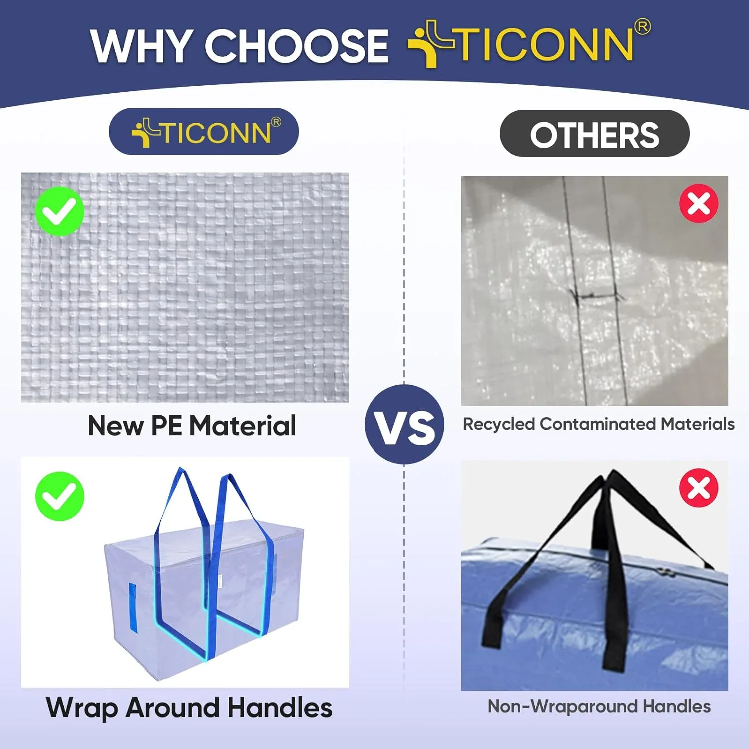 TICONN 2 Pack Extra Large Moving Bags with Zippers & Carrying Handles, Heavy-Duty Storage Tote Moving Boxes for Space Saving