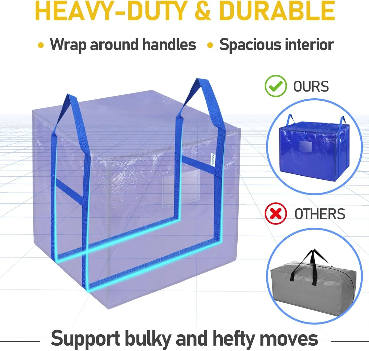 TICONN 6 Pack Extra Large Moving Bags with Zippers & Carrying Handles, Heavy-Duty Storage Tote Moving Boxes for Space Saving (6 PK, 45 Gallon)