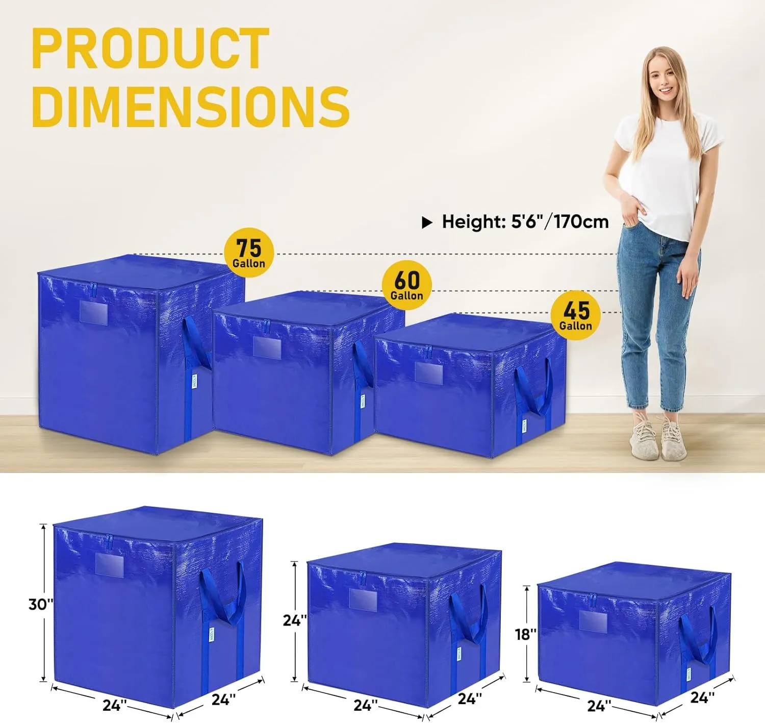 TICONN 6 Pack Extra Large Moving Bags with Zippers & Carrying Handles, Heavy-Duty Storage Tote Moving Boxes for Space Saving (6 PK, 60 Gallon)