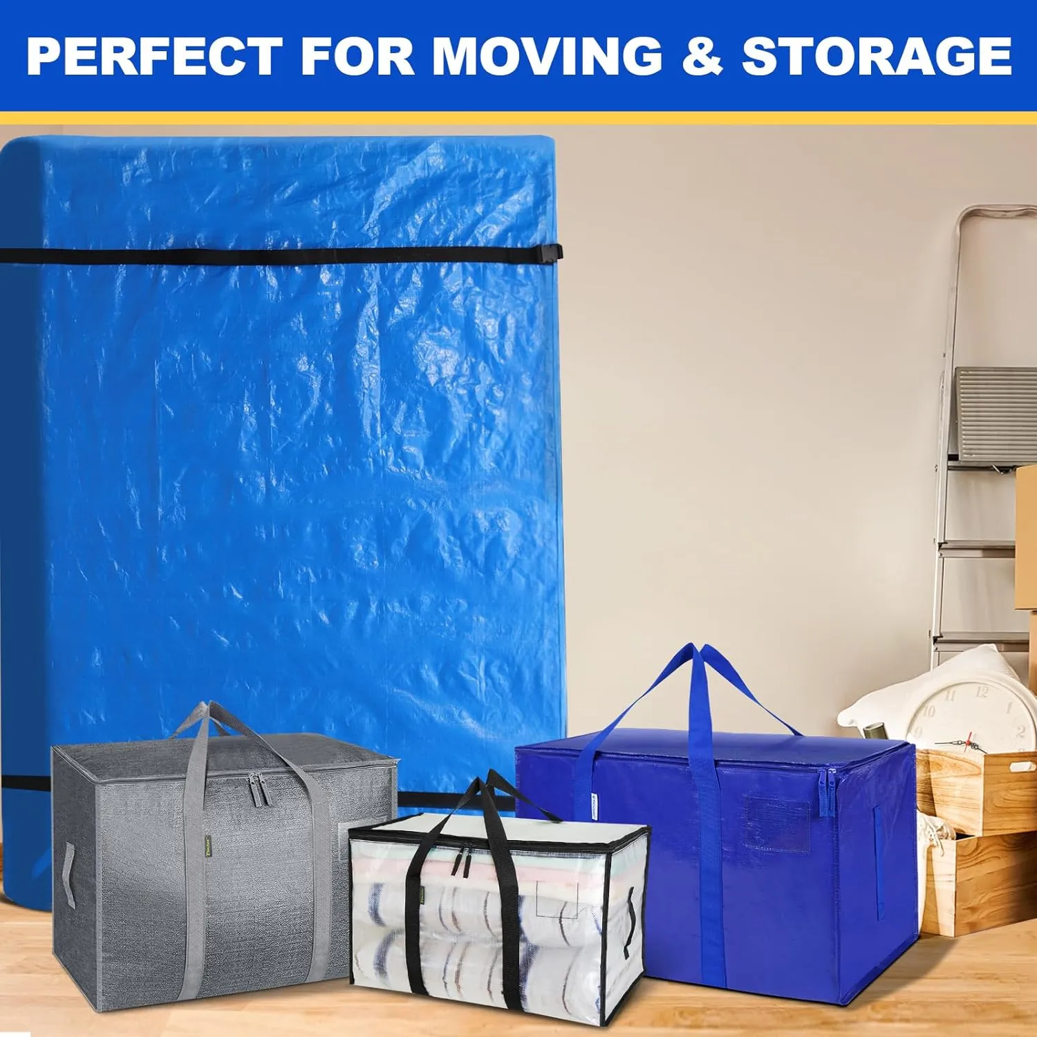 TICONN Mattress Bags for Moving, Heavy Duty Full Mattress Cover Storage Bag with Full-Around Handle and Adjustable Buckles (Blue, Full)