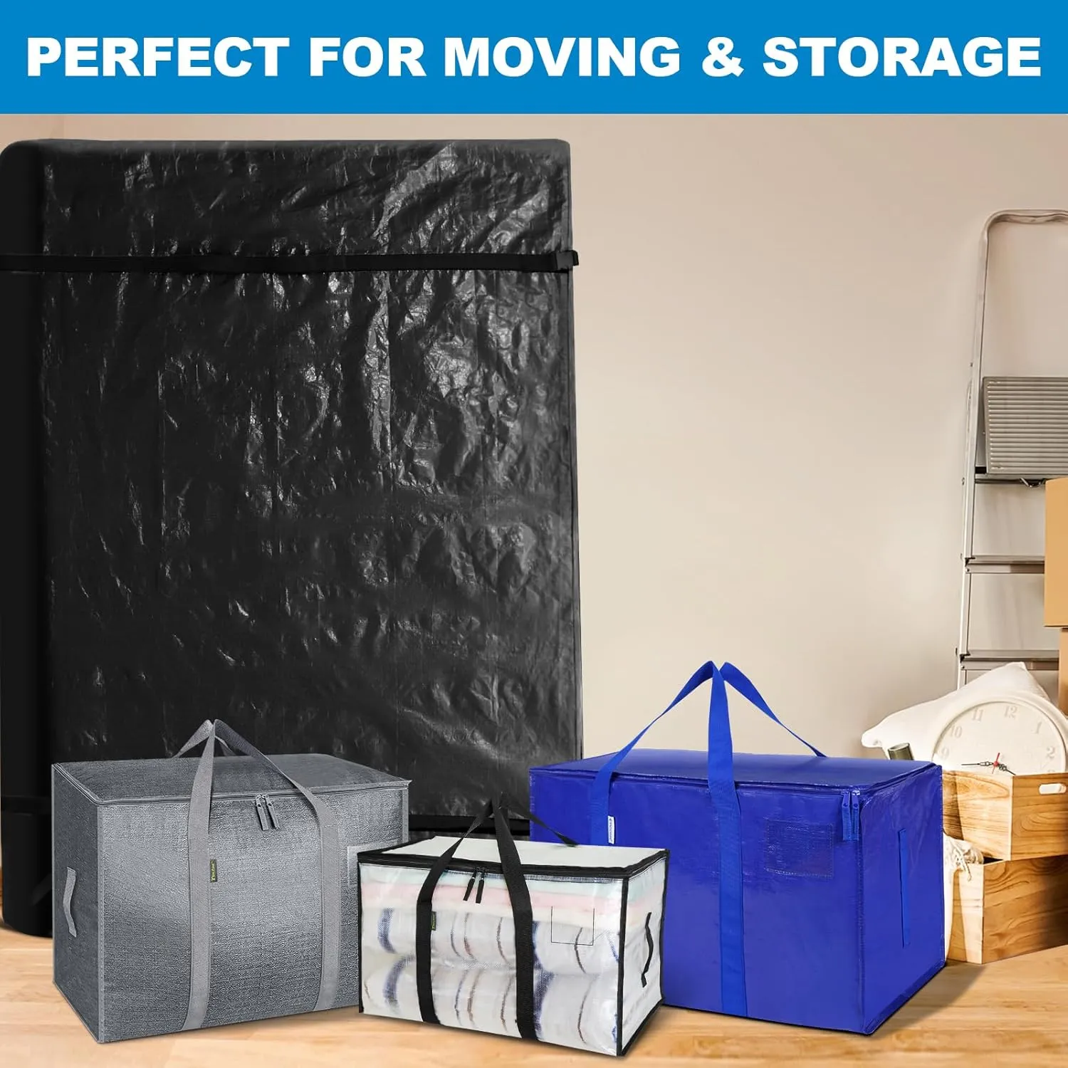 TICONN Mattress Bags for Moving, Heavy Duty King Mattress Cover Storage Bag with Full-Around Handle and Adjustable Buckles (Black, King)