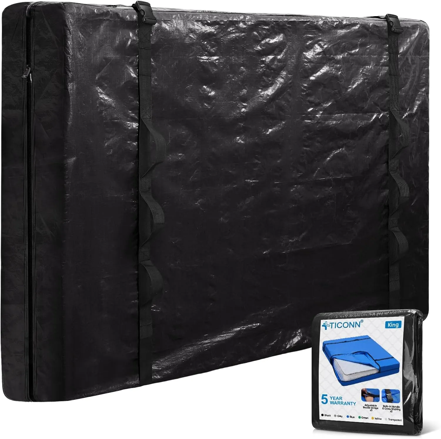 TICONN Mattress Bags for Moving, Heavy Duty King Mattress Cover Storage Bag with Full-Around Handle and Adjustable Buckles (Black, King)
