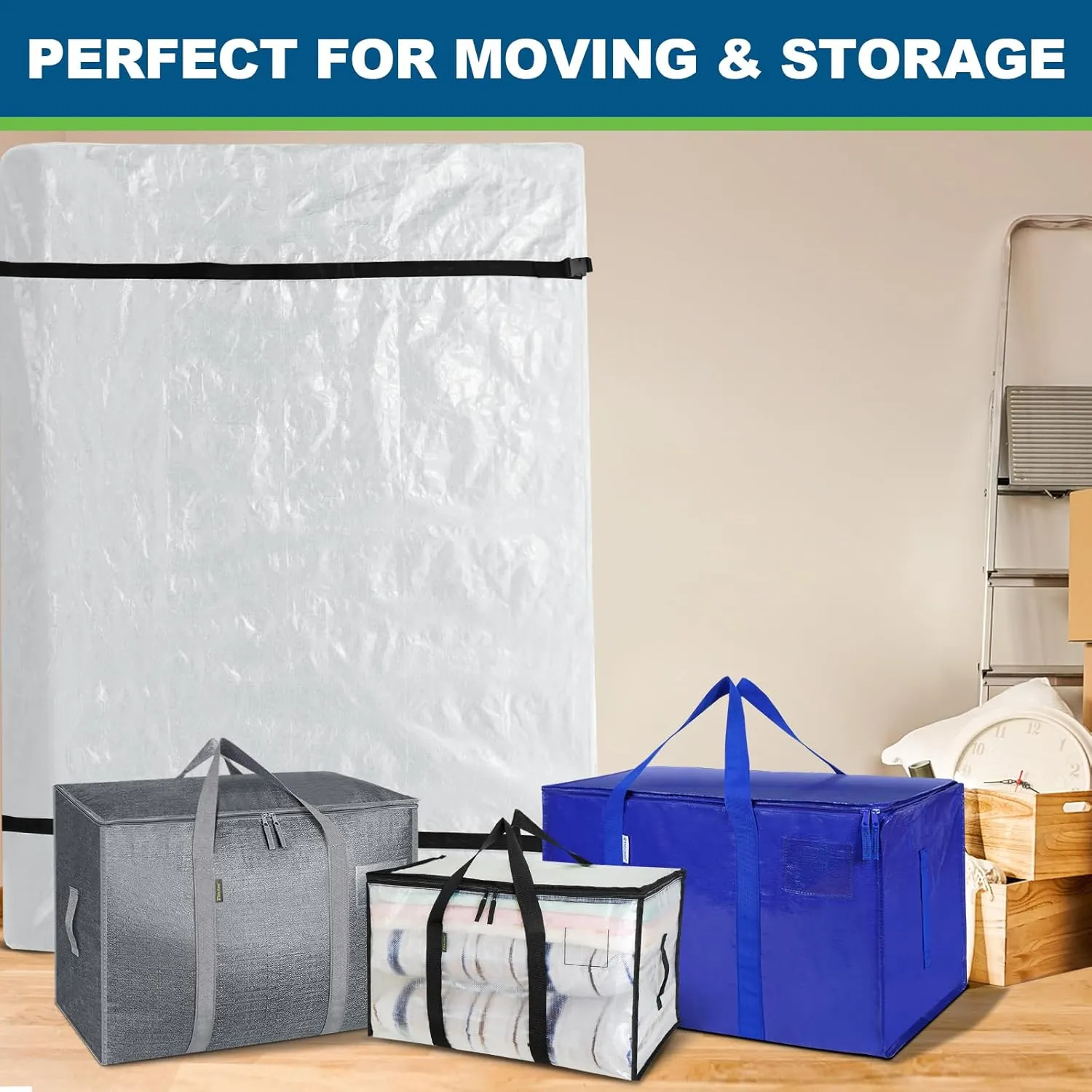 TICONN Mattress Bags for Moving, Heavy Duty Queen Mattress Cover Storage Bag with Full-Around Handle and Adjustable Buckles (Clear, Queen)
