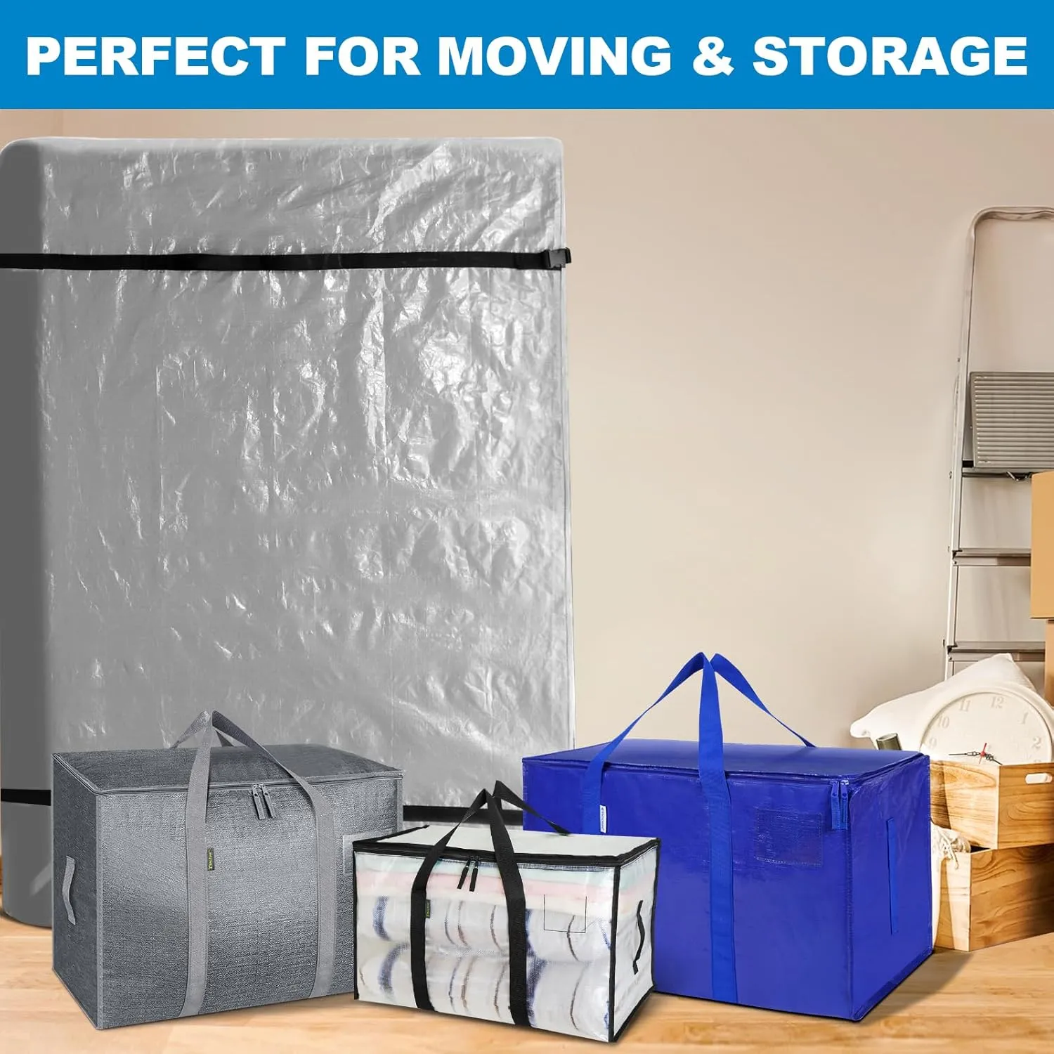TICONN Mattress Bags for Moving, Heavy Duty Queen Mattress Cover Storage Bag with Full-Around Handle and Adjustable Buckles (Gray, Queen)