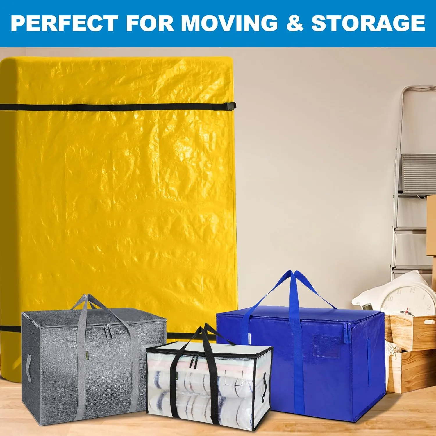 TICONN Mattress Bags for Moving, Heavy Duty Queen Mattress Cover Storage Bag with Full-Around Handle and Adjustable Buckles (Yellow, Queen)