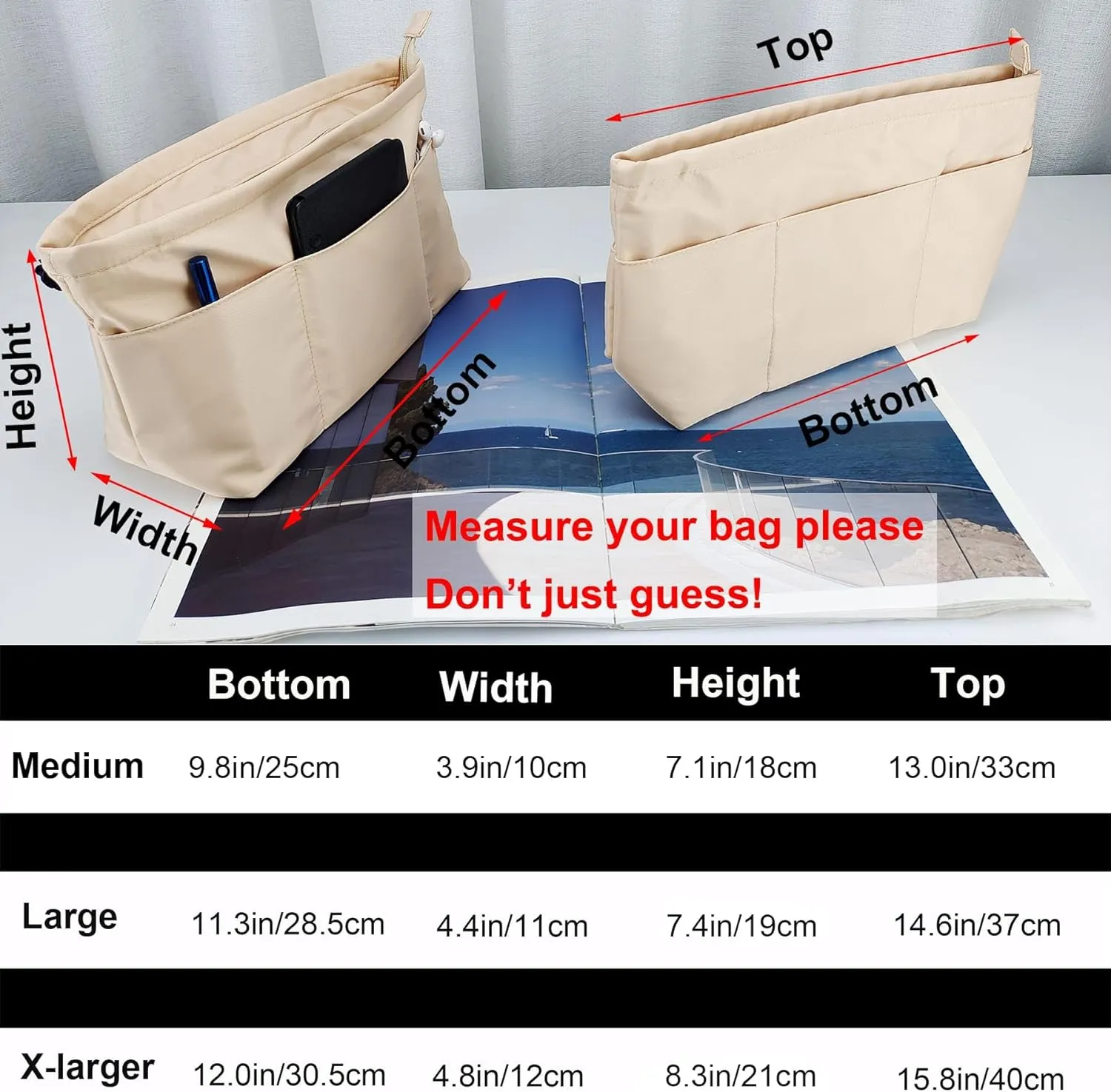 Time Wing Purse Organizer Insert Tote Handbag Organizer Divider Bag in Bag Shaper Liner Multi Pockets Compartments Zippers Key Chain Medium Beige