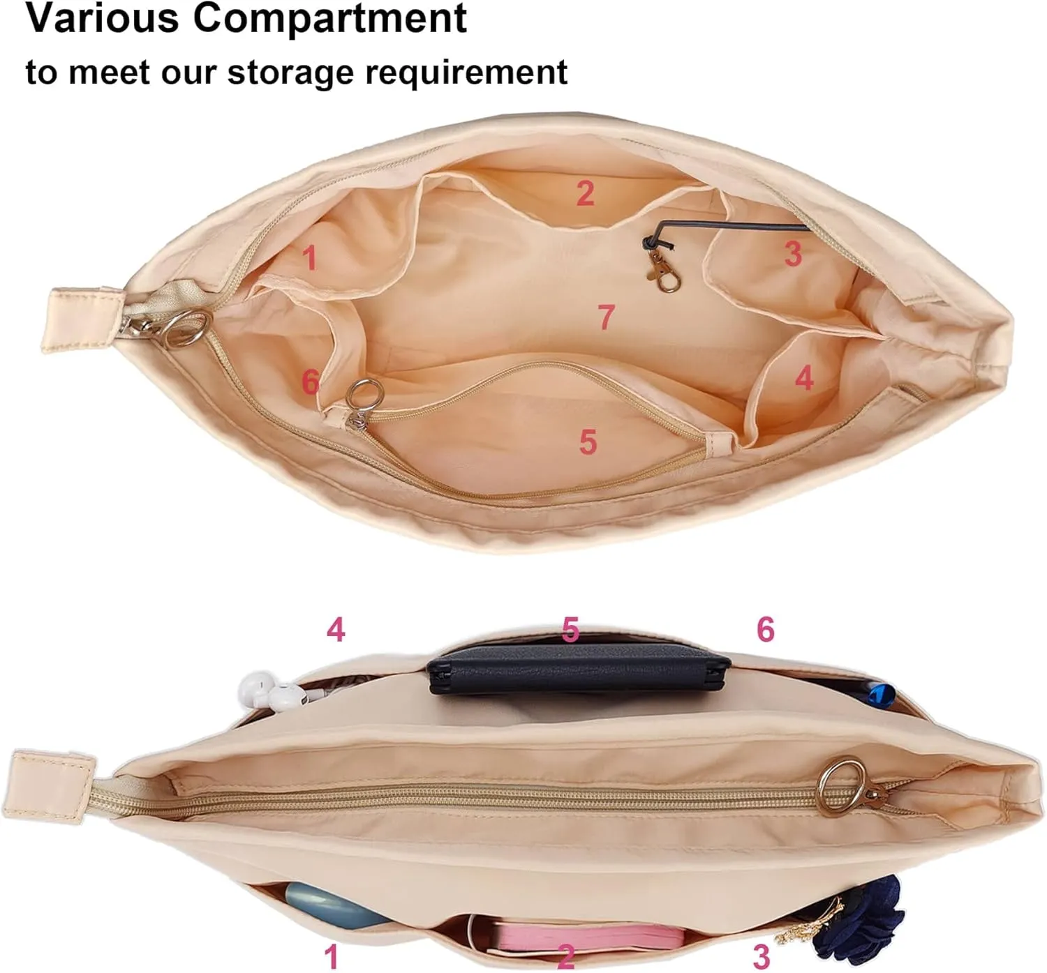 Time Wing Purse Organizer Insert Tote Handbag Organizer Divider Bag in Bag Shaper Liner Multi Pockets Compartments Zippers Key Chain Medium Beige