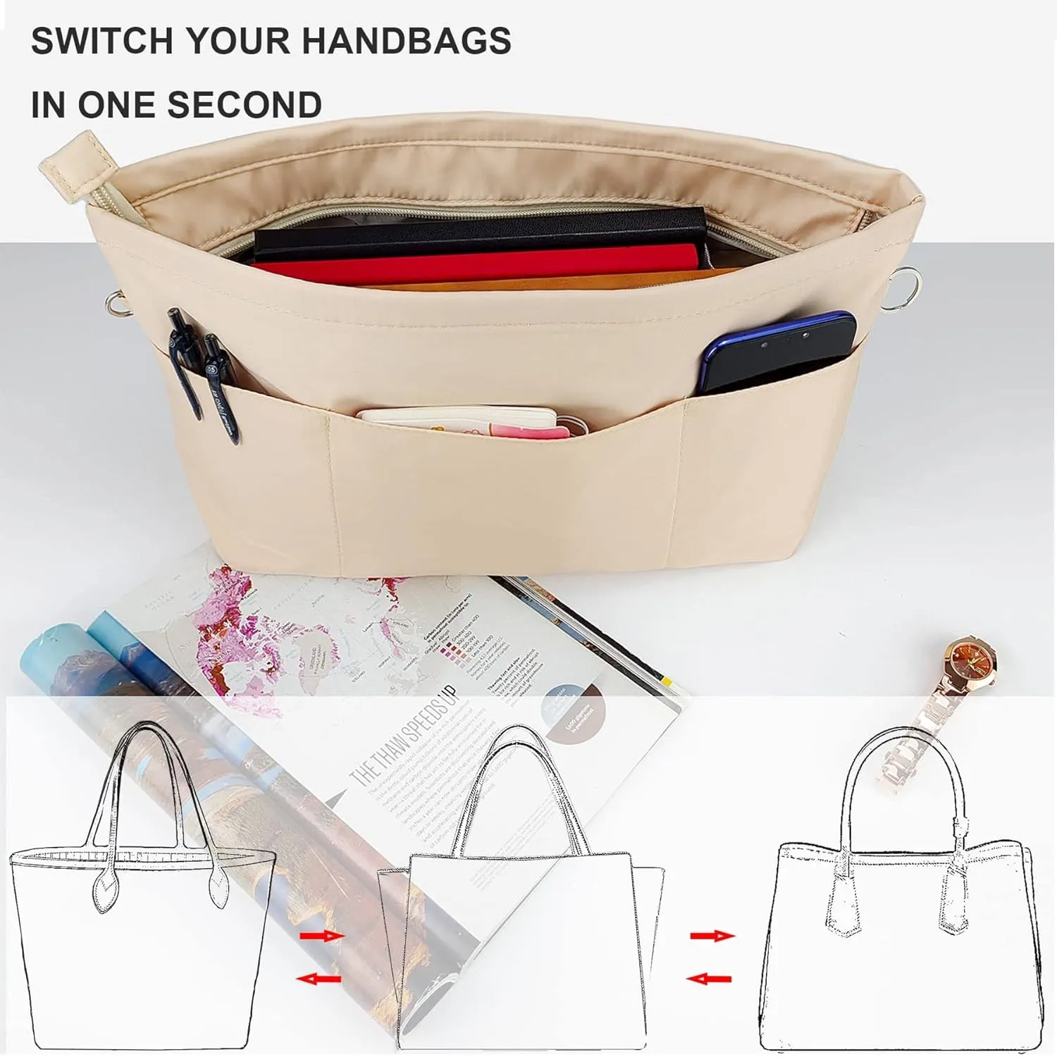 Time Wing Purse Organizer Insert Tote Handbag Organizer Divider Bag in Bag Shaper Liner Multi Pockets Compartments Zippers Key Chain Medium Beige
