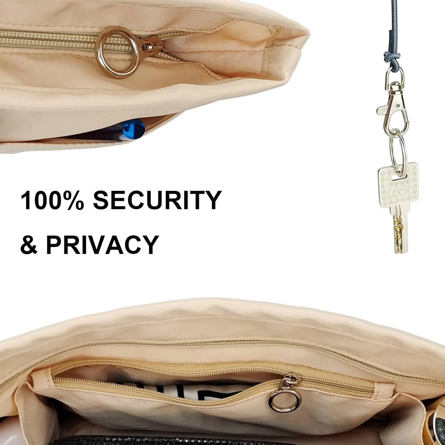 Time Wing Purse Organizer Insert Tote Handbag Organizer Divider Bag in Bag Shaper Liner Multi Pockets Compartments Zippers Key Chain Medium Beige