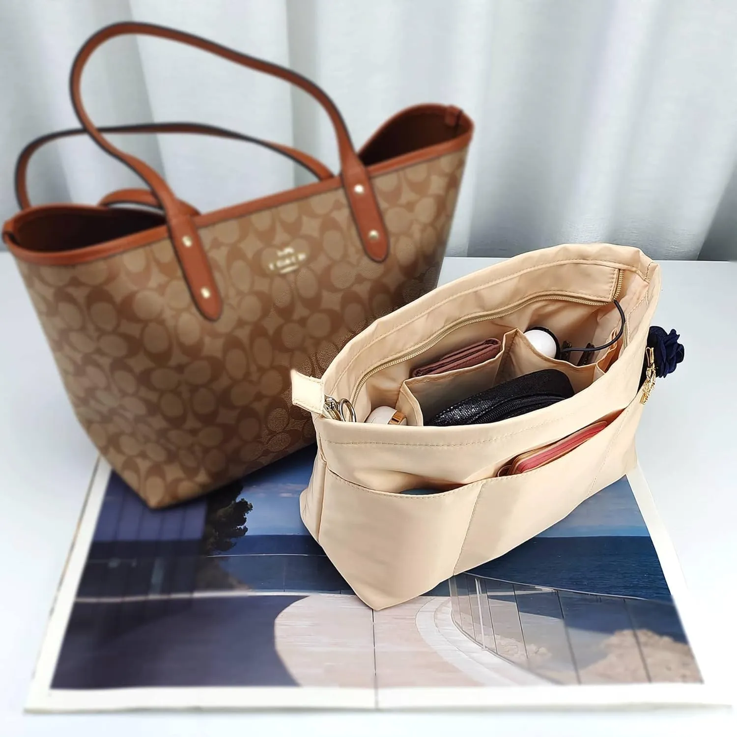 Time Wing Purse Organizer Insert Tote Handbag Organizer Divider Bag in Bag Shaper Liner Multi Pockets Compartments Zippers Key Chain Medium Beige