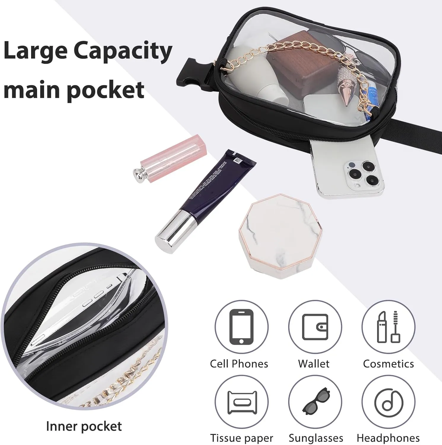 TINYAT Clear Fanny Pack Stadium Approved Clear Belt Bag for Women See Through Waist Bag Crossbody Purse for Events Concerts