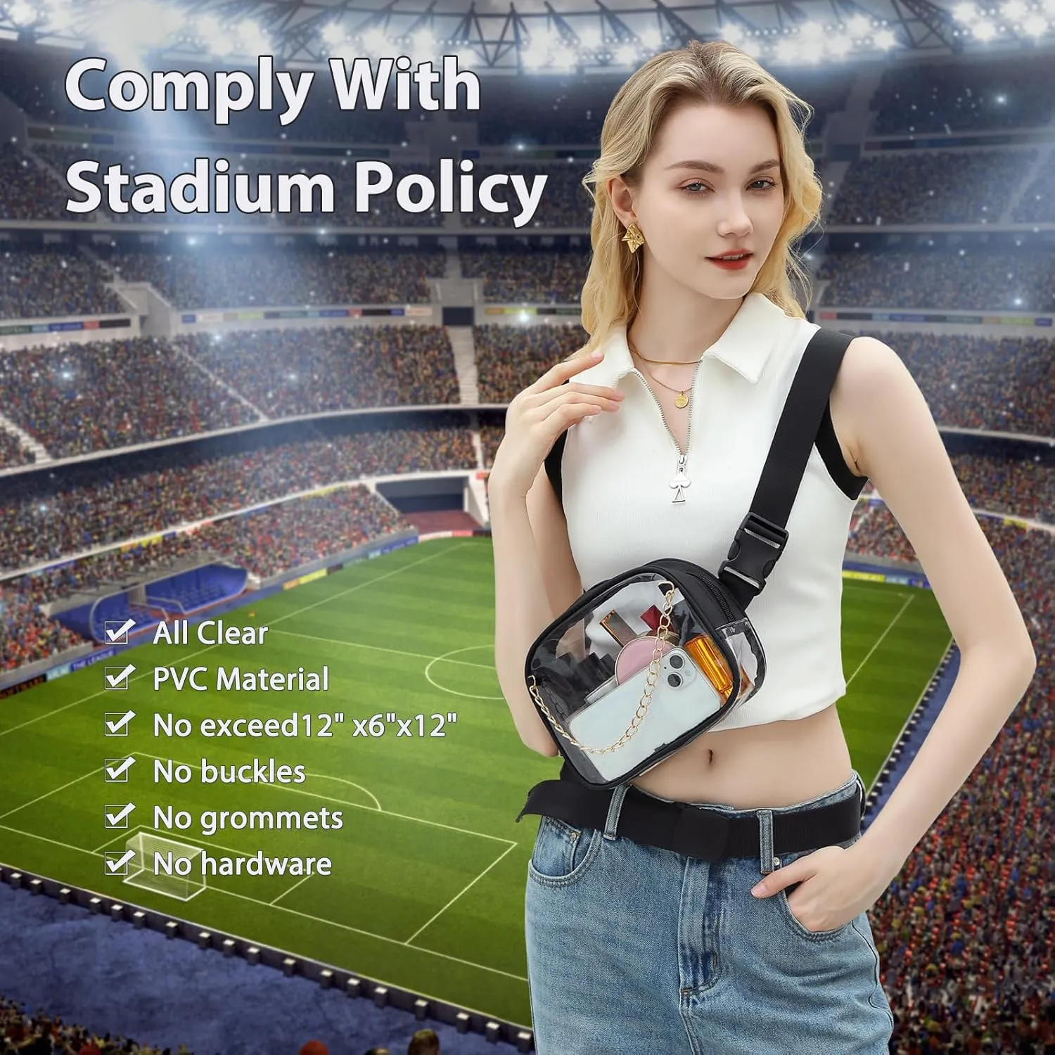 TINYAT Clear Fanny Pack Stadium Approved Clear Belt Bag for Women See Through Waist Bag Crossbody Purse for Events Concerts