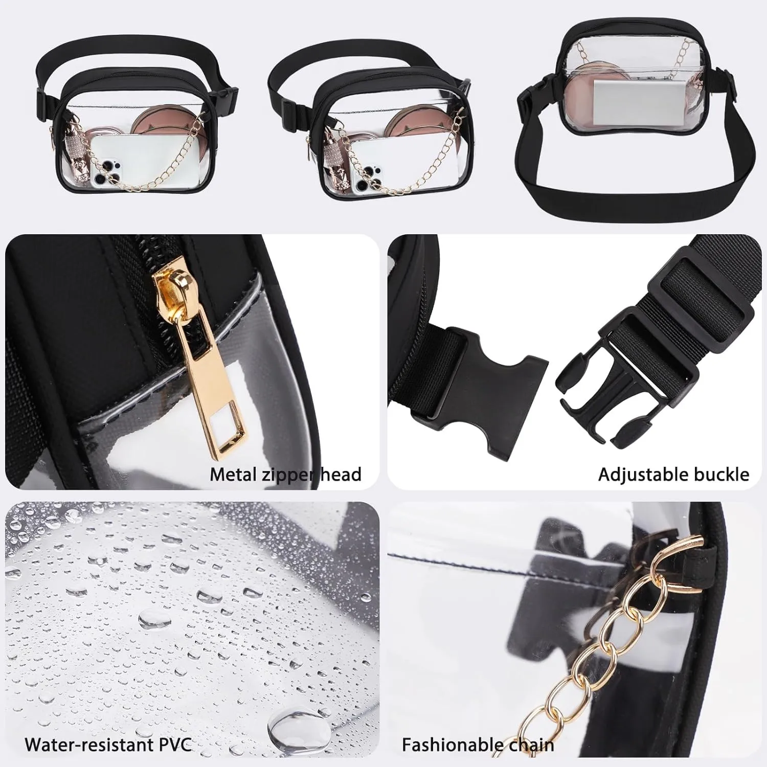 TINYAT Clear Fanny Pack Stadium Approved Clear Belt Bag for Women See Through Waist Bag Crossbody Purse for Events Concerts