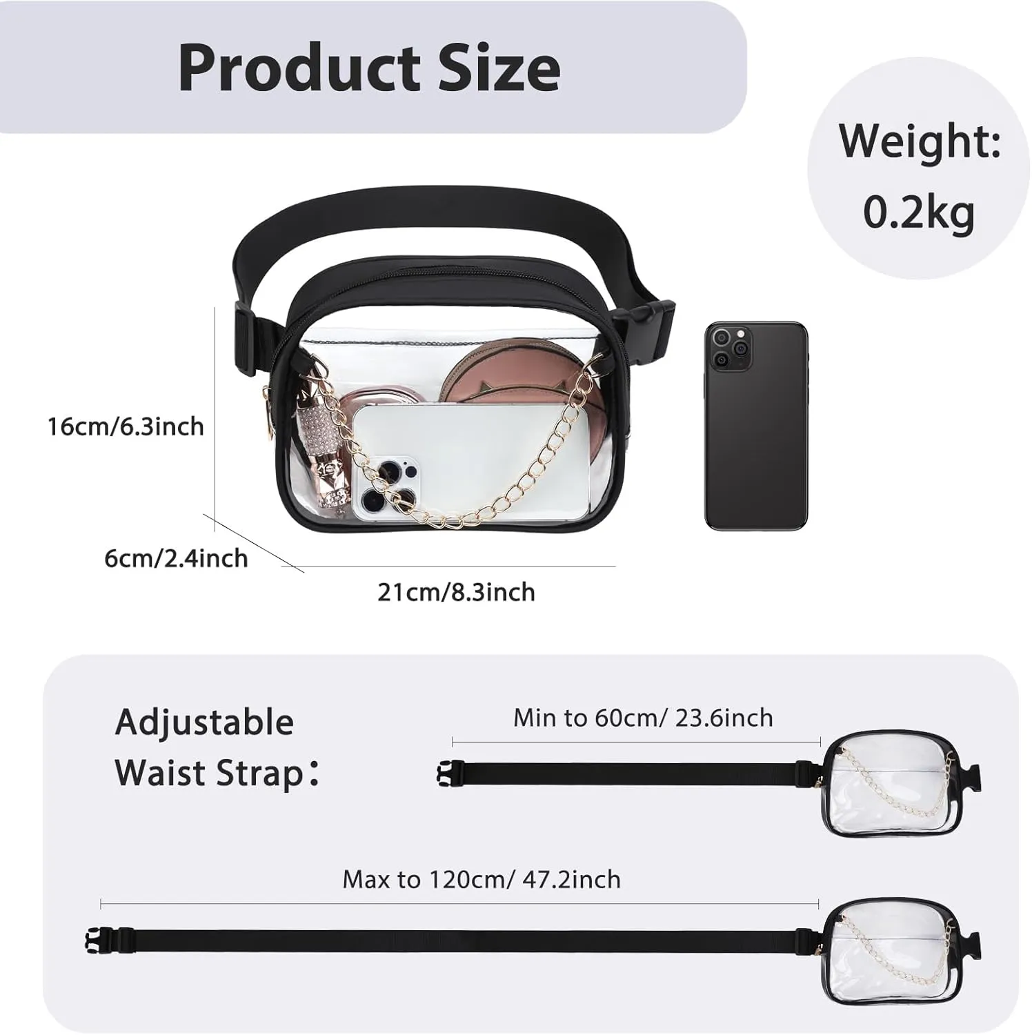 TINYAT Clear Fanny Pack Stadium Approved Clear Belt Bag for Women See Through Waist Bag Crossbody Purse for Events Concerts