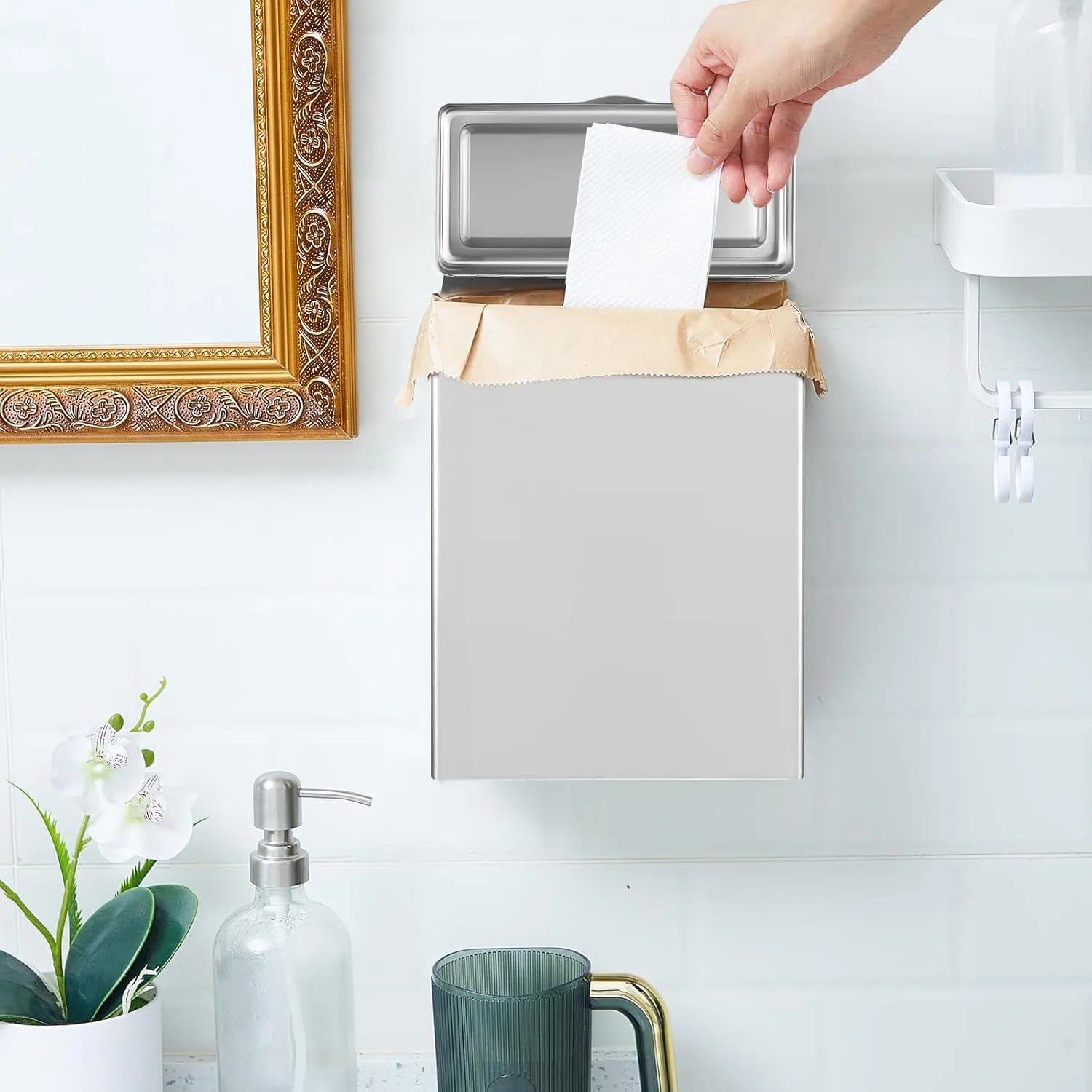 Tioncy 2 Pcs Sanitary Napkin Receptacle with 100 Feminine Hygiene Liner Bag Wall Mounted Tampon Holder for Bathroom Sanitary Napkin Disposal Bags Tampon Disposal Bin for Home Public Restrooms