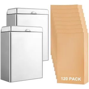 Tioncy 2 Pcs Sanitary Napkin Receptacle with 100 Feminine Hygiene Liner Bag Wall Mounted Tampon Holder for Bathroom Sanitary Napkin Disposal Bags Tampon Disposal Bin for Home Public Restrooms