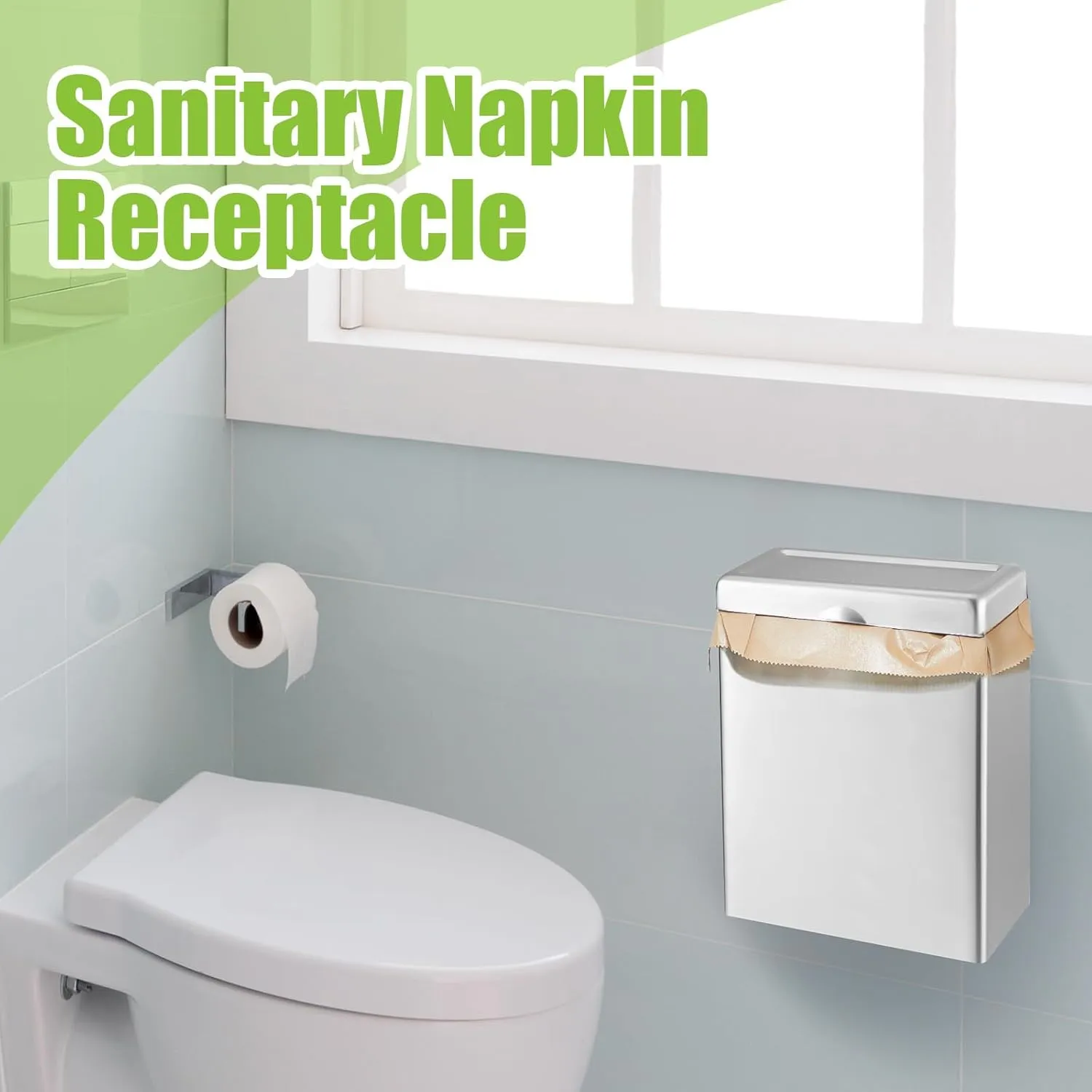 Tioncy 2 Pcs Sanitary Napkin Receptacle with 100 Feminine Hygiene Liner Bag Wall Mounted Tampon Holder for Bathroom Sanitary Napkin Disposal Bags Tampon Disposal Bin for Home Public Restrooms