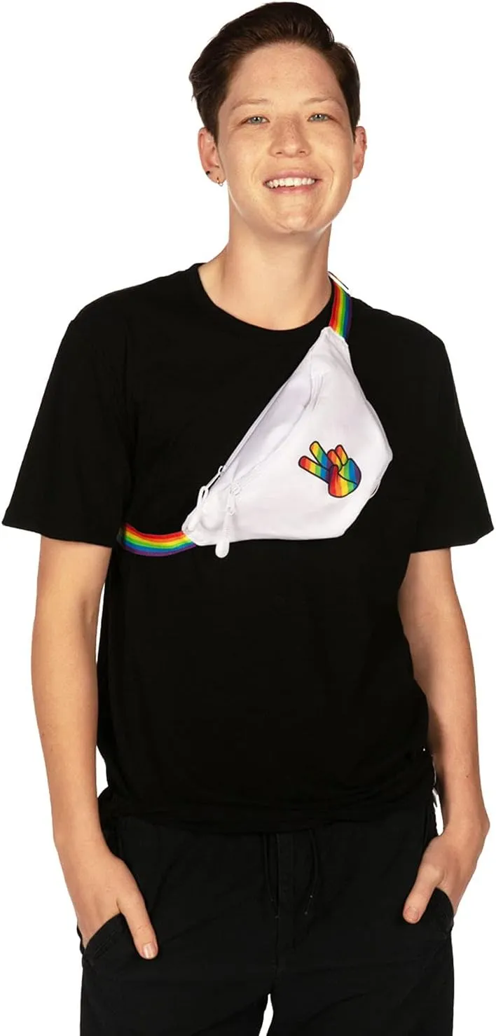 Tipsy Elves White Rainbow Peace PRIDE Fanny Pack - Flexible Adjustable Strap Waist Pack for PRIDE Parades, Parties and Events
