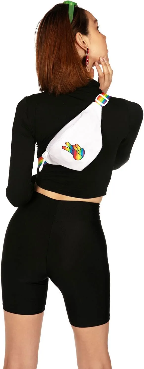 Tipsy Elves White Rainbow Peace PRIDE Fanny Pack - Flexible Adjustable Strap Waist Pack for PRIDE Parades, Parties and Events
