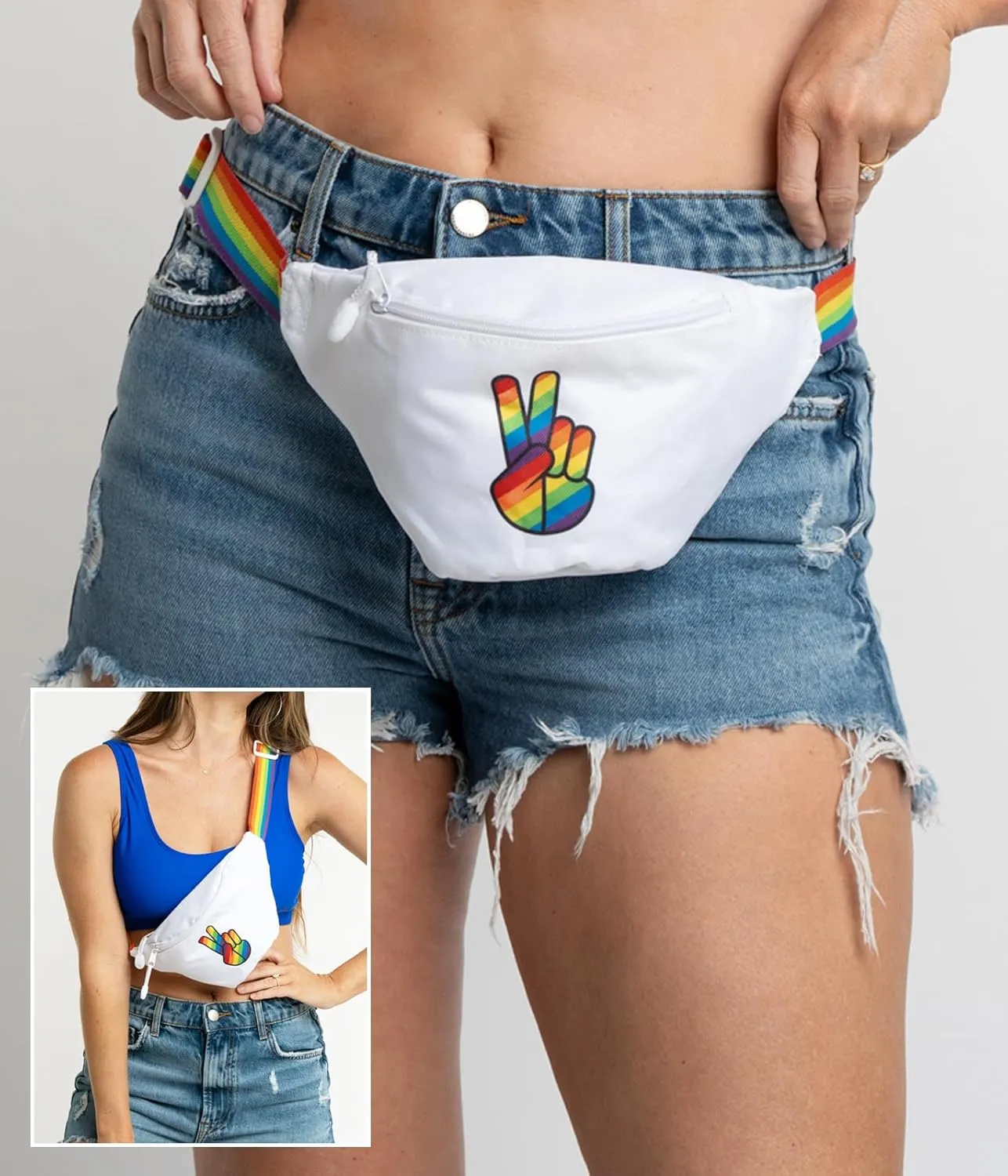 Tipsy Elves White Rainbow Peace PRIDE Fanny Pack - Flexible Adjustable Strap Waist Pack for PRIDE Parades, Parties and Events