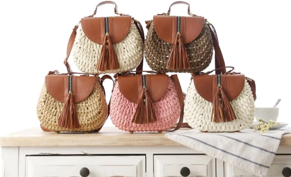 TONWHAR® Retro Beach Bag with Tassels Hand-woven Straw Purse