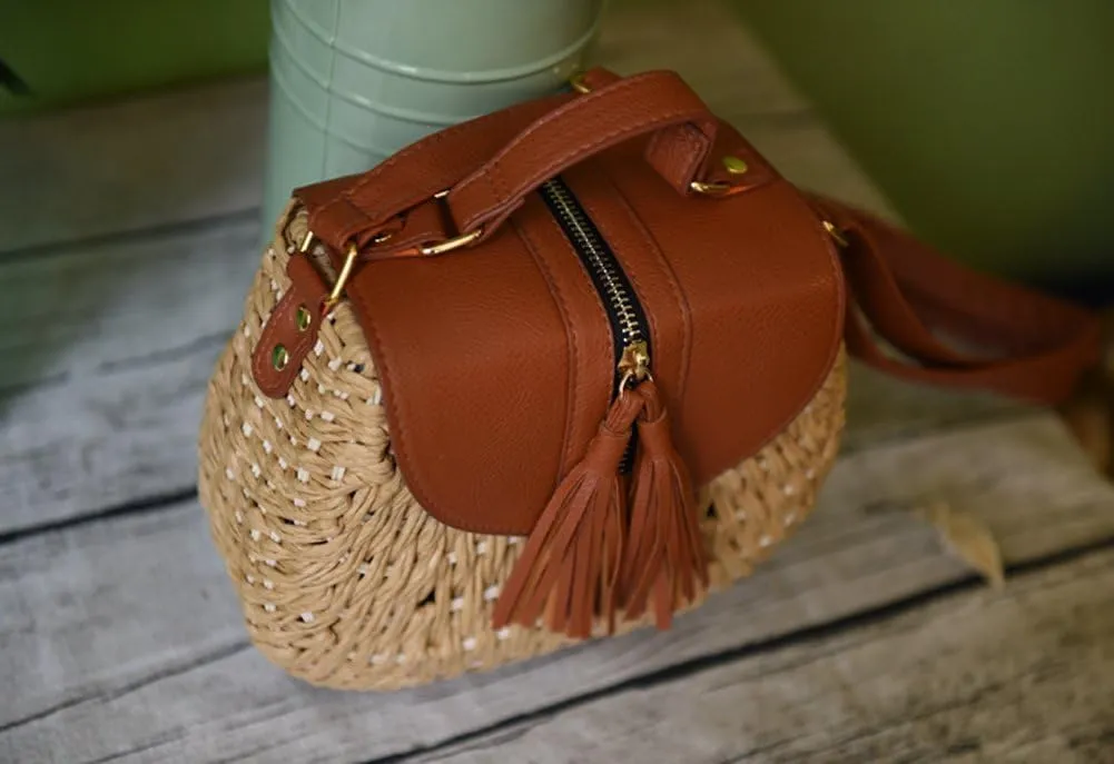 TONWHAR® Retro Beach Bag with Tassels Hand-woven Straw Purse