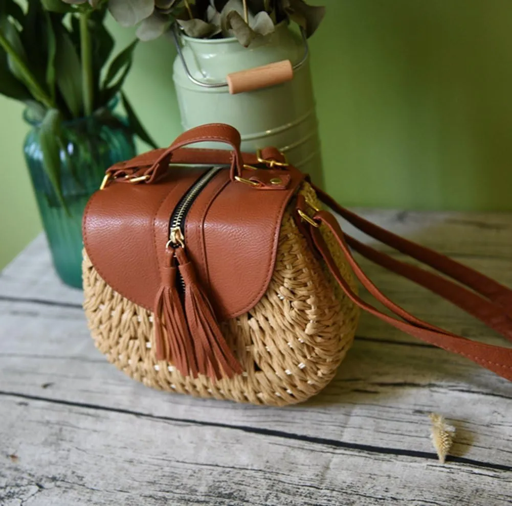 TONWHAR® Retro Beach Bag with Tassels Hand-woven Straw Purse