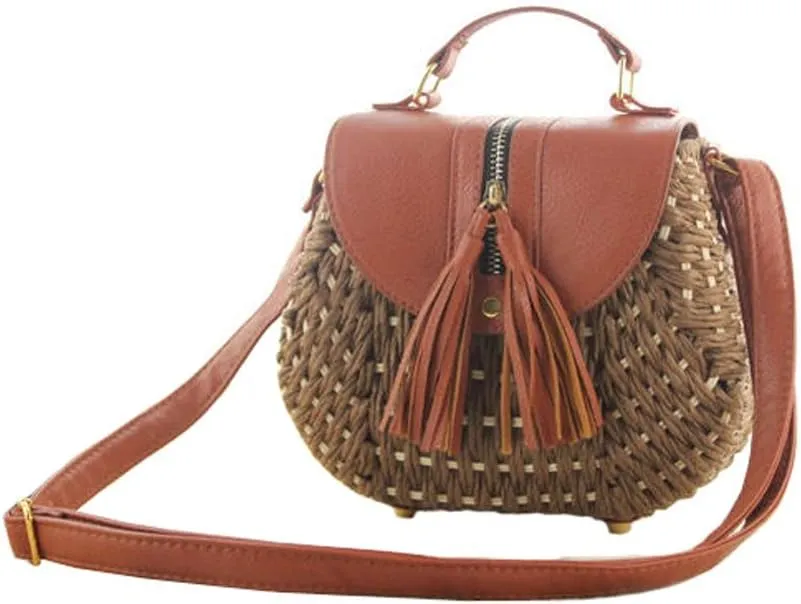 TONWHAR® Retro Beach Bag with Tassels Hand-woven Straw Purse