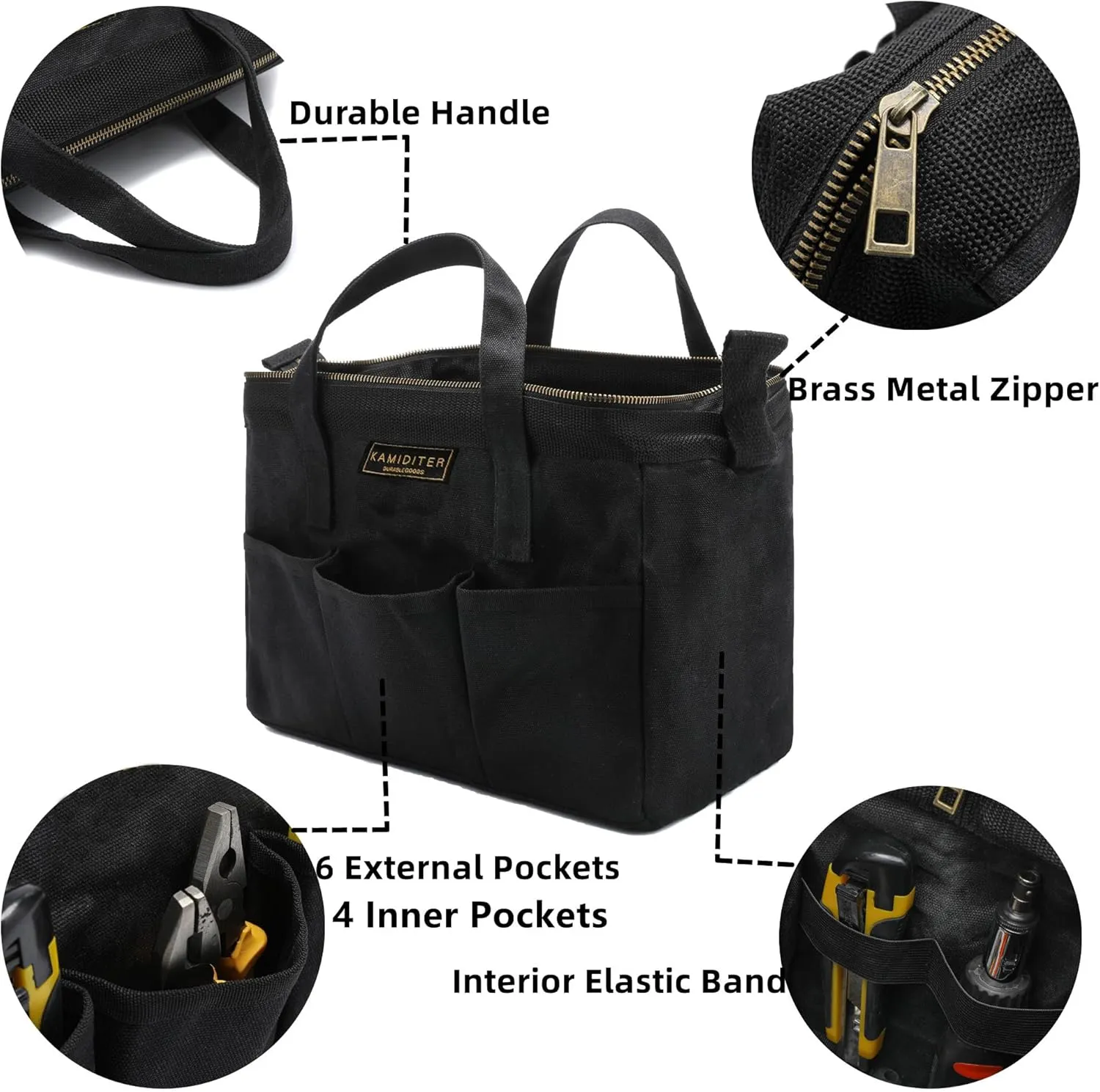 Tool Bag with Zipper, Heavy Duty 16oz Waxed Canvas Wide Mouth Tool Tote Bag, 13-inch Muti-Purpose Storage Tool Pouch with Side Pockets