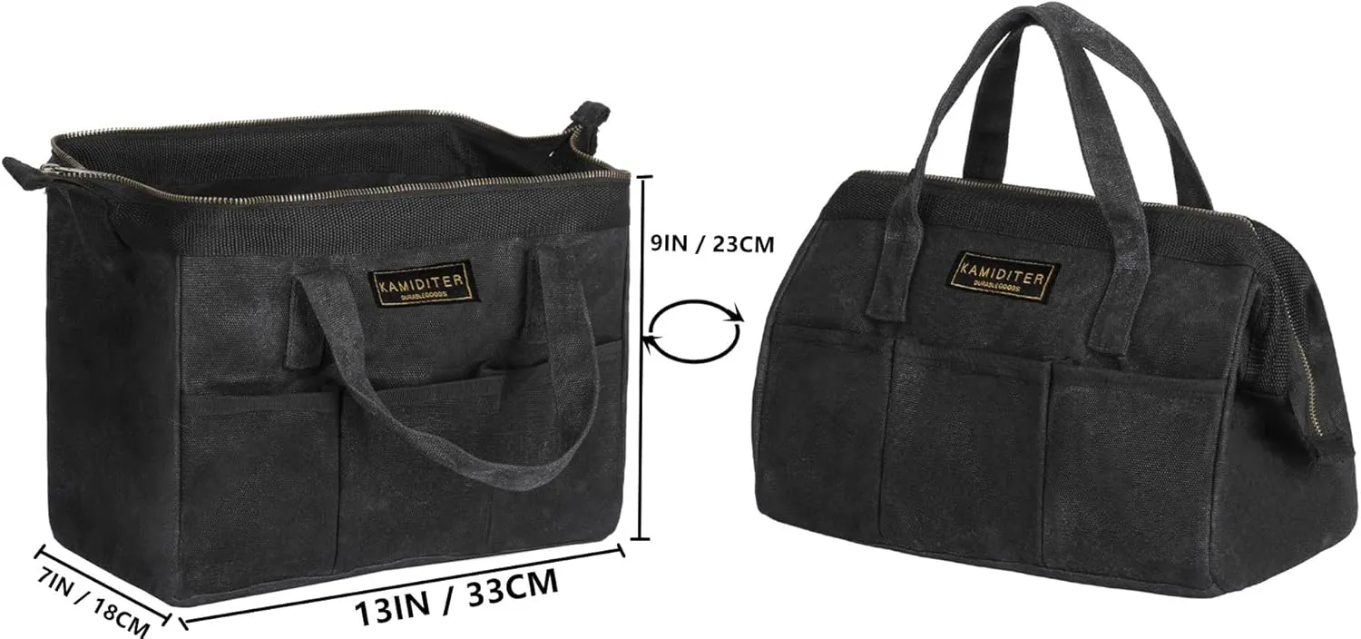 Tool Bag with Zipper, Heavy Duty 16oz Waxed Canvas Wide Mouth Tool Tote Bag, 13-inch Muti-Purpose Storage Tool Pouch with Side Pockets