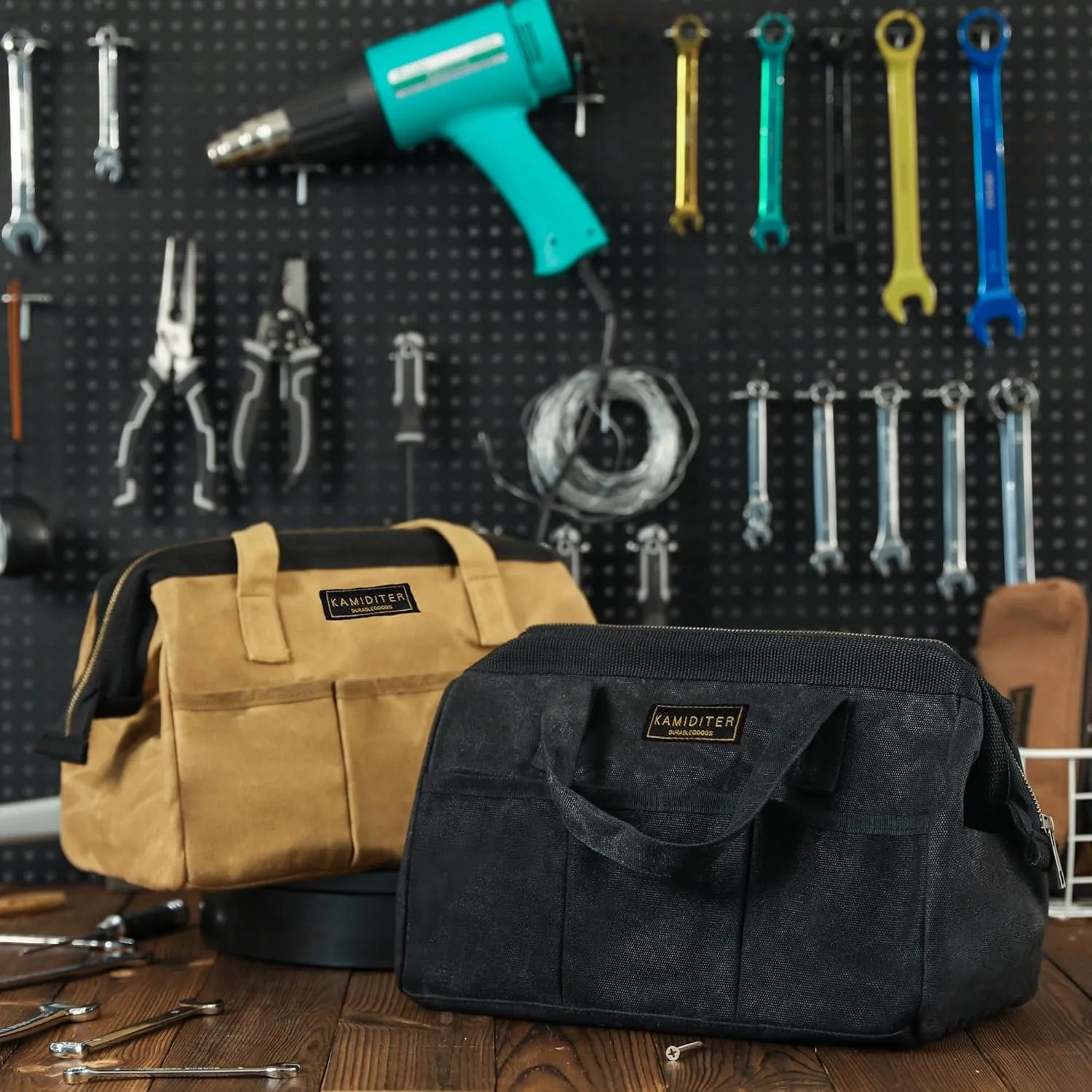 Tool Bag with Zipper, Heavy Duty 16oz Waxed Canvas Wide Mouth Tool Tote Bag, 13-inch Muti-Purpose Storage Tool Pouch with Side Pockets