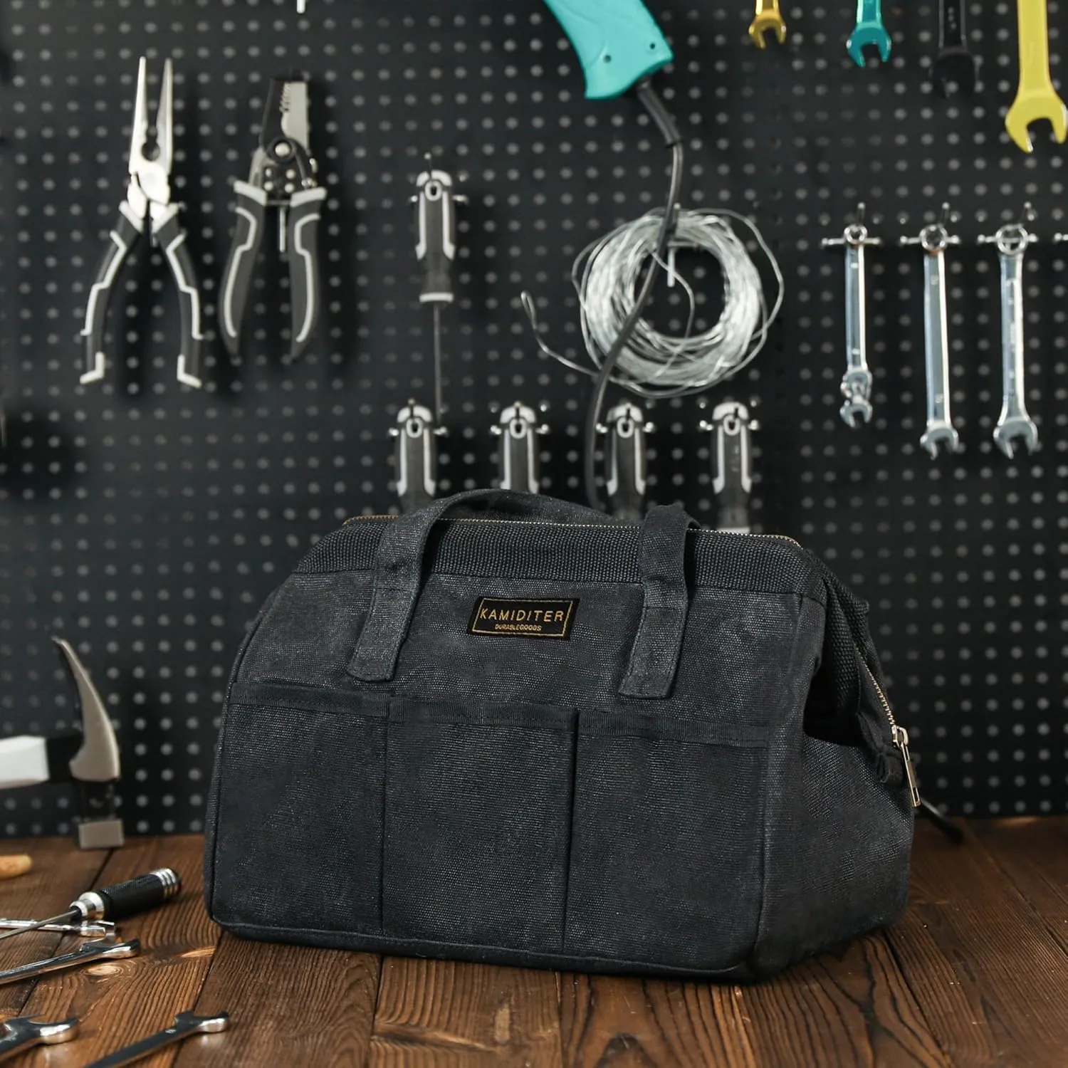 Tool Bag with Zipper, Heavy Duty 16oz Waxed Canvas Wide Mouth Tool Tote Bag, 13-inch Muti-Purpose Storage Tool Pouch with Side Pockets