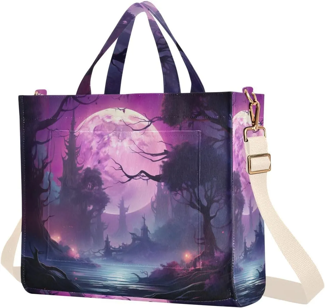 Tote Bag for Women Corduroy Tote Handbag with Zipper Shoulder Bag for Travel, Beach, Shopping, Mystical Night