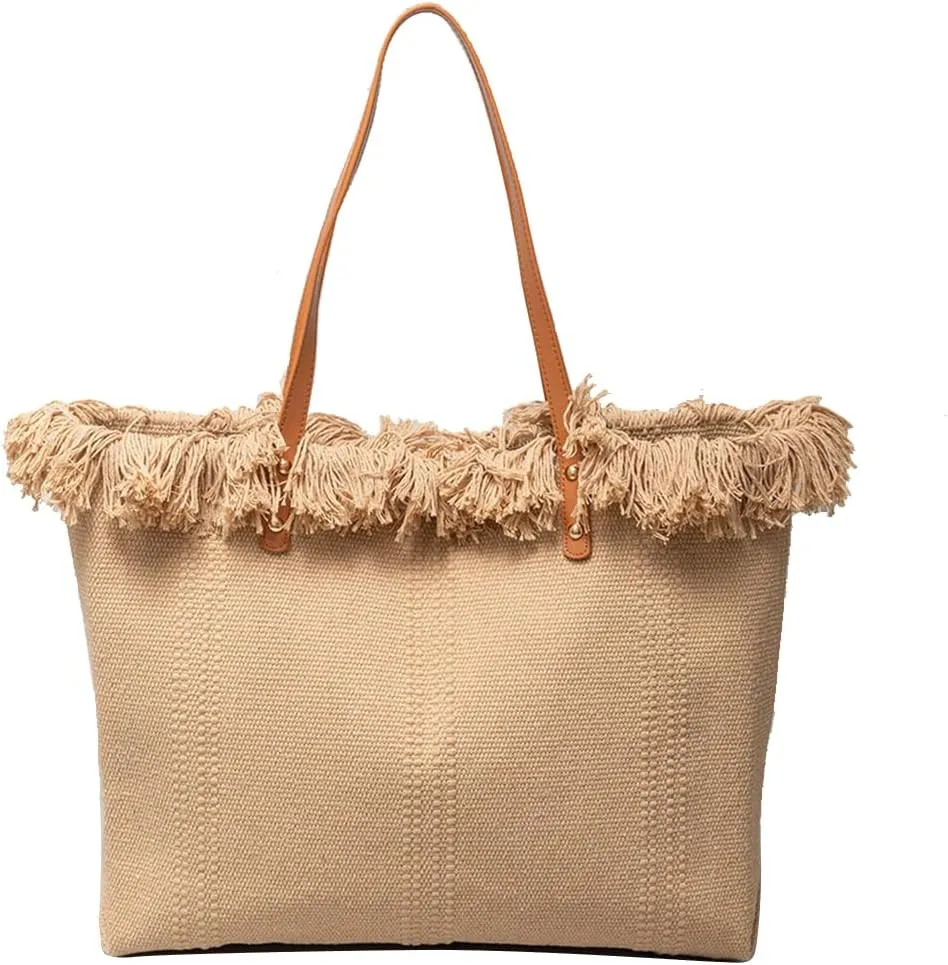 Tote Bag for Women Cute Canvas Shoulder Bag Summer Vibe Beach Bag Casual Handbag Bohemian Hobo Bag with Tassels