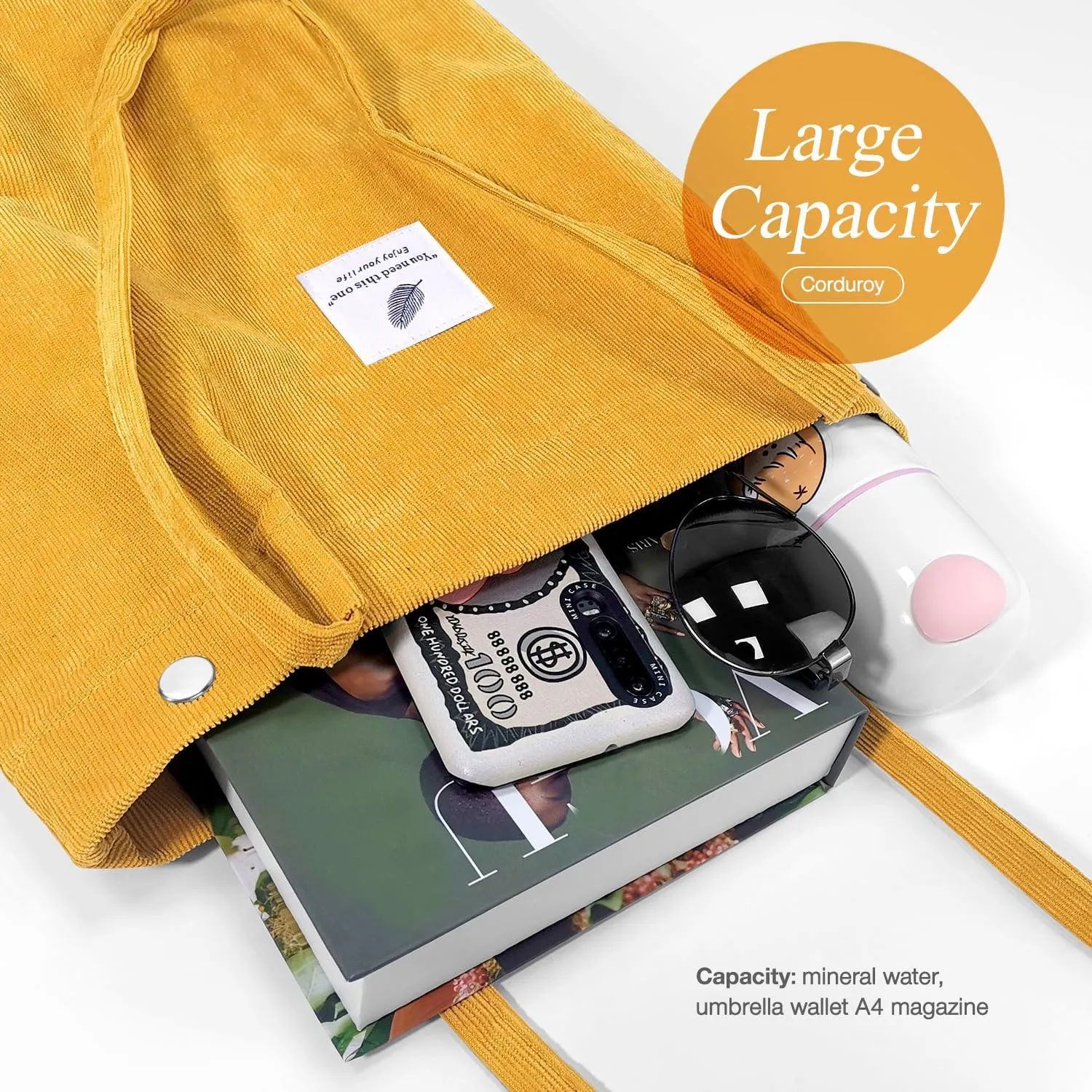 Tote Women Girls, Large Capacity Corduroy Reusable Grocery Shoulder Bag with Inner Pockets