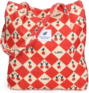 Tote Women Girls, Large Capacity Corduroy Reusable Grocery Shoulder Bag with Inner Pockets